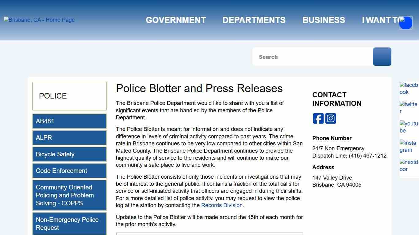 Police Blotter and Press Releases Brisbane, CA