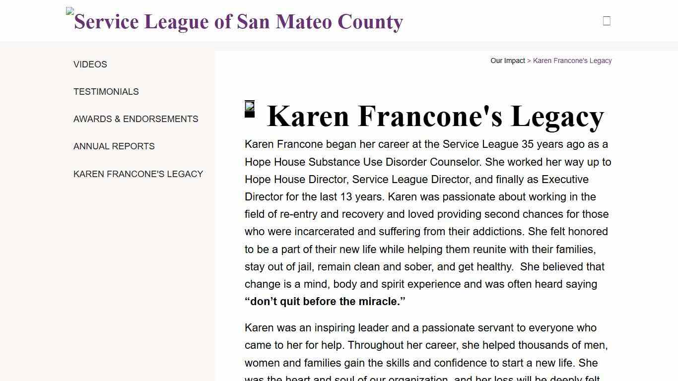 Karen Francone's Legacy : Our Impact : Service League of San Mateo County